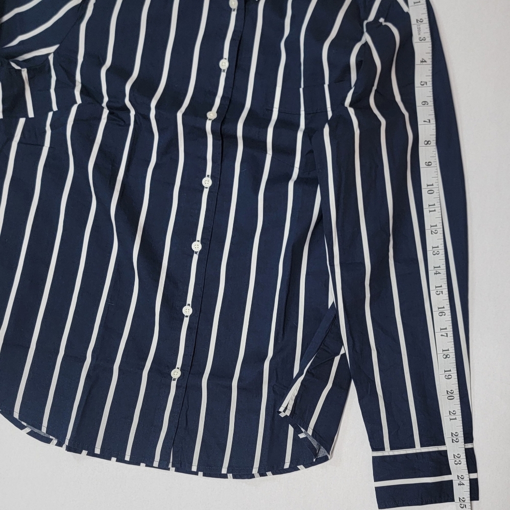 J Crew Factory Navy and White Striped Women's Button-Down Shirt Size L NWT - Picture 7 of 10